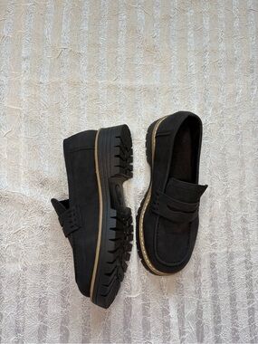 Black Womens Penny Loafers with Lug Sole - Suede Platform NWOT 38